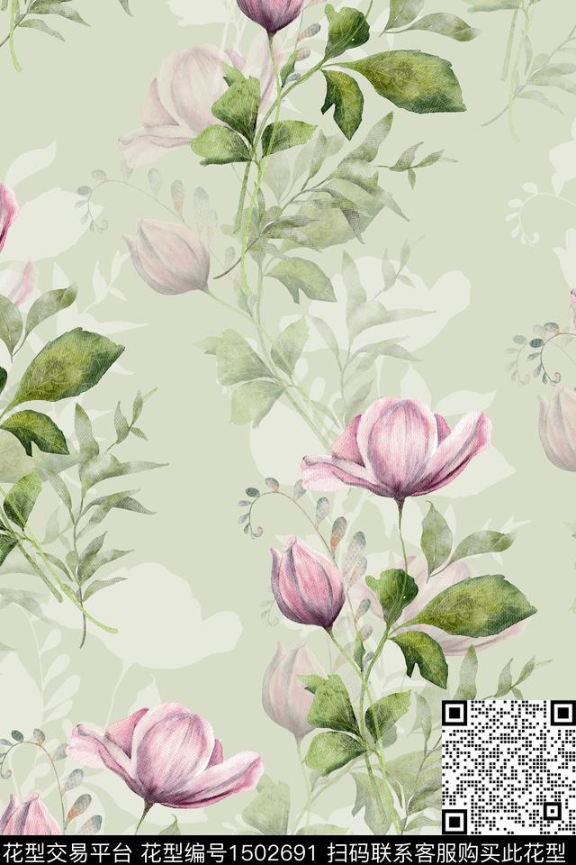 花卉小清新真丝数码印花华亿平台下载（图片编号: 1502691） - 瓦栏（Walan）