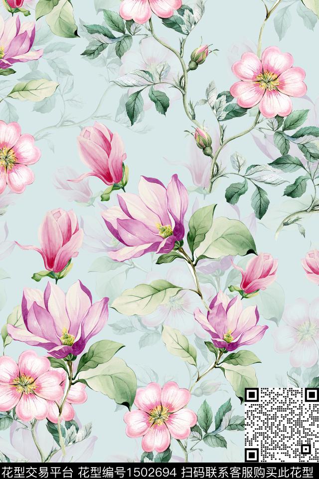 花卉小清新真丝数码印花华亿平台下载（图片编号: 1502694） - 瓦栏（Walan）