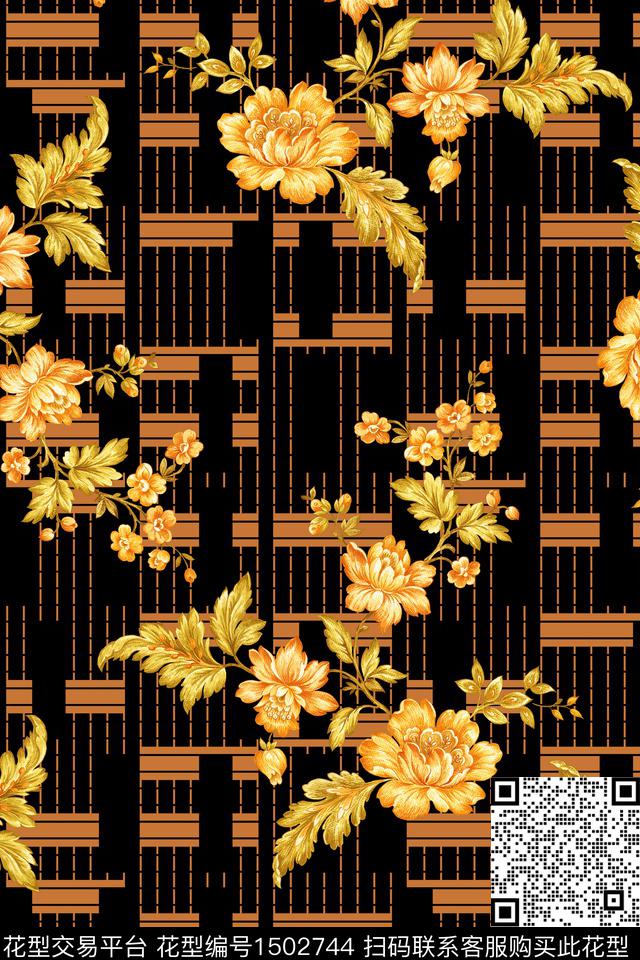 几何民族风花卉数码印花华亿平台下载（图片编号: 1502744） - 瓦栏（Walan）