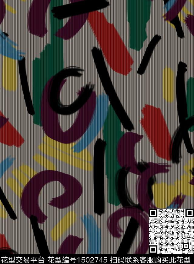 抽象线条画笔触数码印花华亿平台下载（图片编号: 1502745） - 瓦栏（Walan）