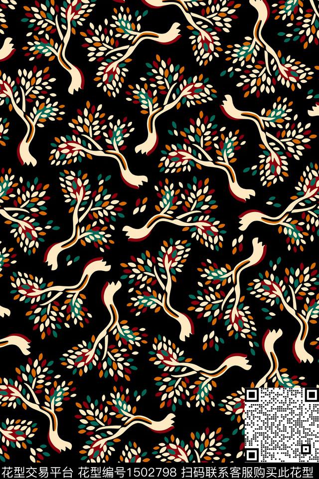 绿植树叶大牌风抽象数码印花华亿平台下载（图片编号: 1502798） - 瓦栏（Walan）