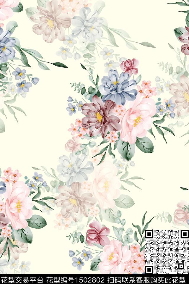花卉小清新真丝数码印花华亿平台下载（图片编号: 1502802） - 瓦栏（Walan）