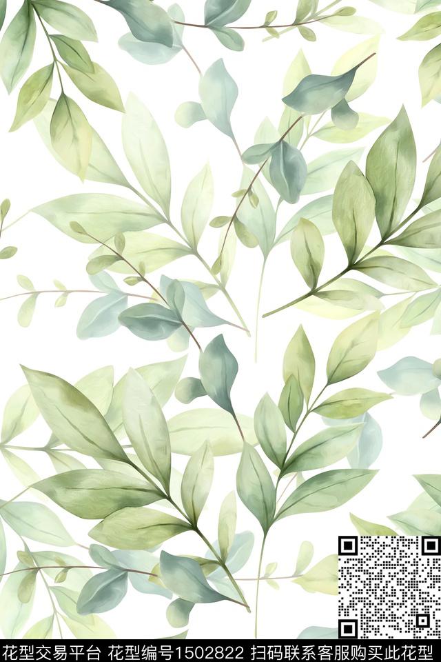 绿植树叶小清新真丝数码印花华亿平台下载（图片编号: 1502822） - 瓦栏（Walan）