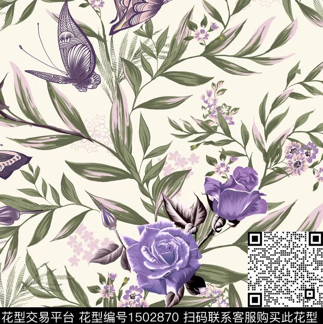 花卉蝴蝶玫瑰花清爽底花卉数码印花华亿平台下载（图片编号: 1502870） - 瓦栏（Walan）