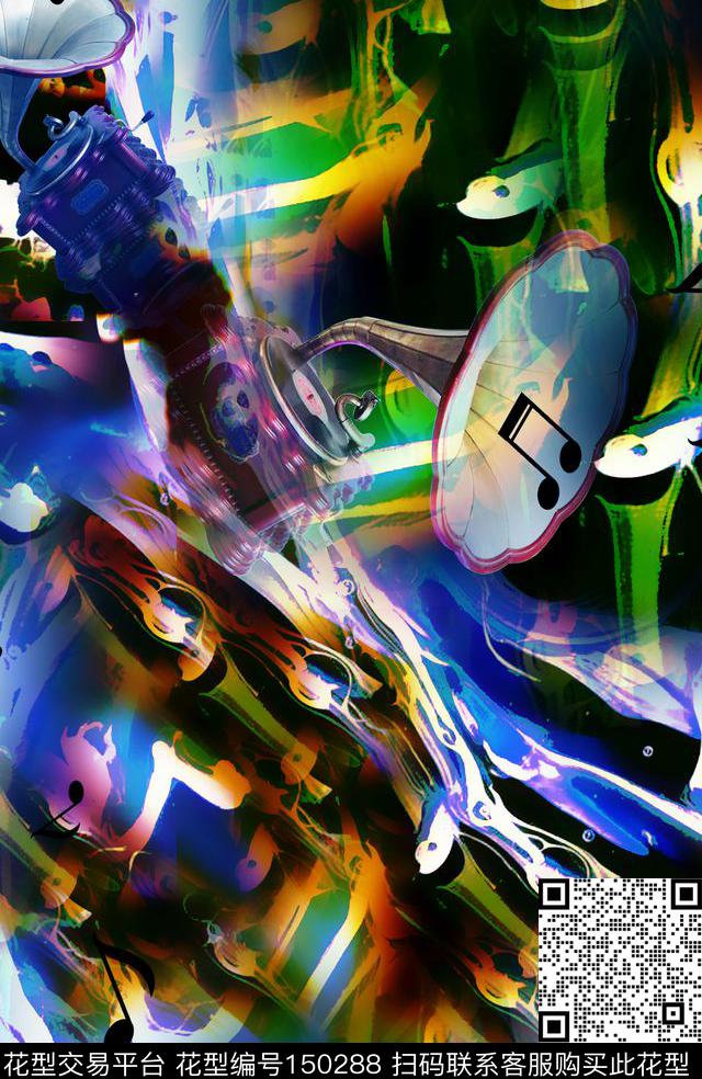 留声机音符音乐数码印花华亿平台下载（图片编号: 150288） - 瓦栏（Walan）