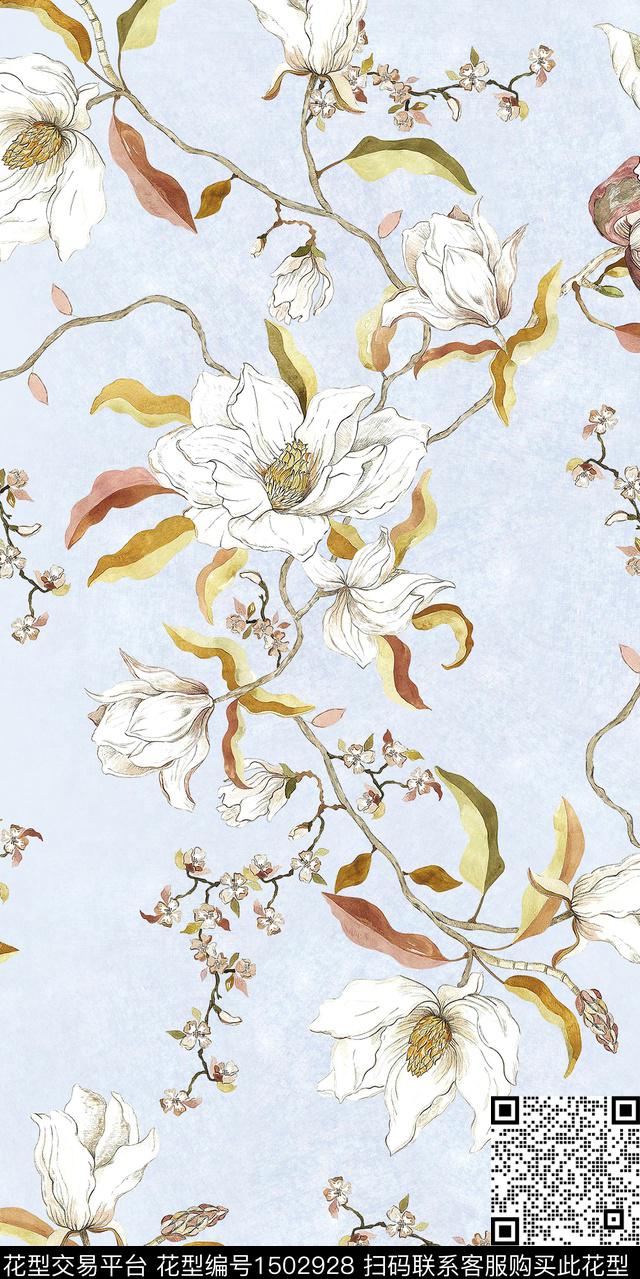 蝴蝶兰花卉手绘数码印花华亿平台下载（图片编号: 1502928） - 瓦栏（Walan）