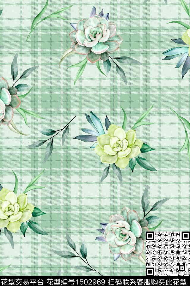 格子花卉真丝数码印花华亿平台下载（图片编号: 1502969） - 瓦栏（Walan）