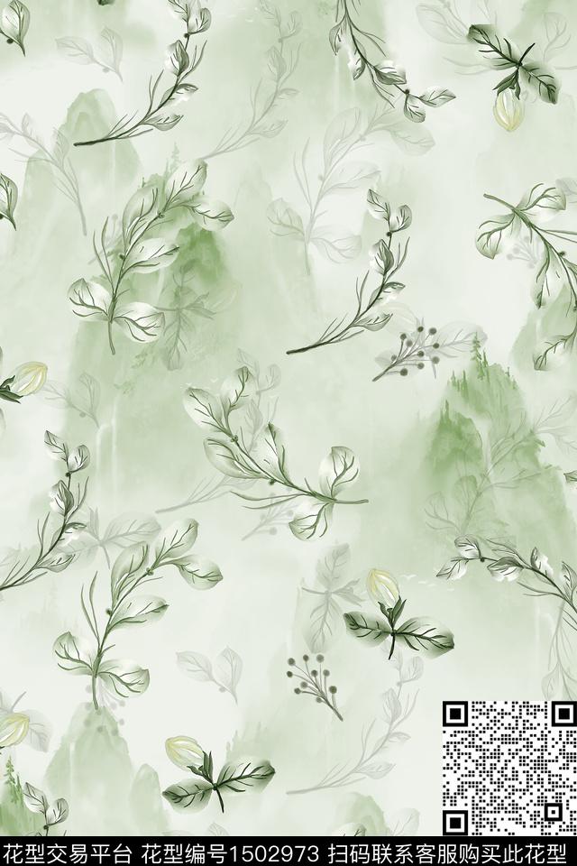 绿植树叶小清新真丝数码印花华亿平台下载（图片编号: 1502973） - 瓦栏（Walan）