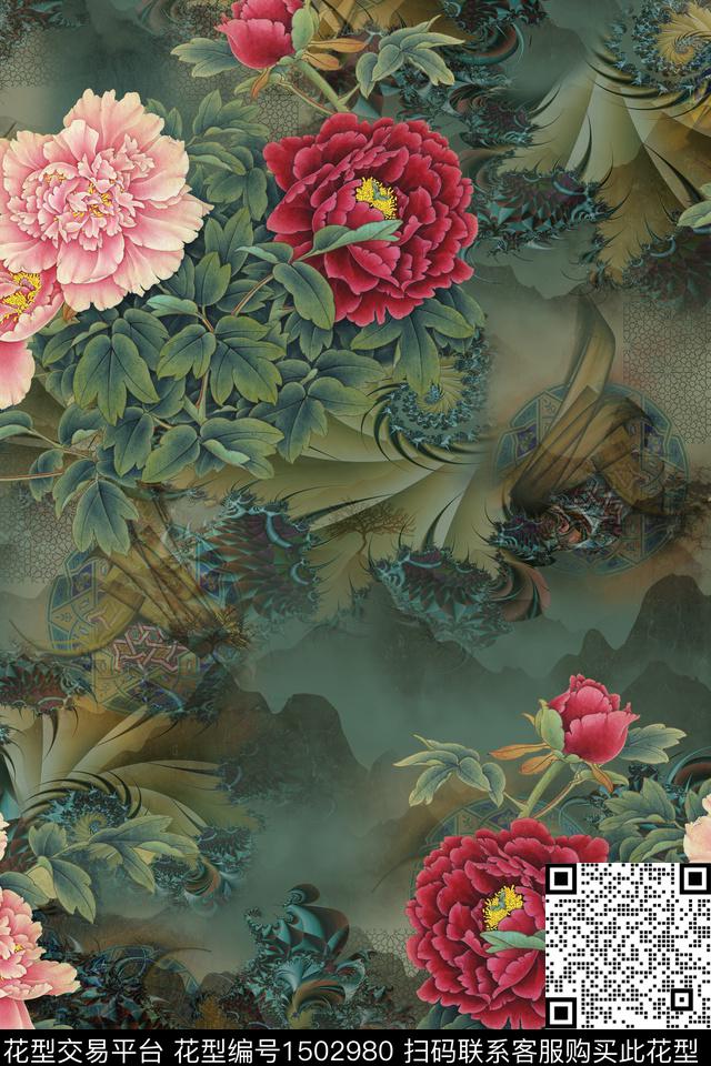 花卉香云纱中国风数码印花华亿平台下载（图片编号: 1502980） - 瓦栏（Walan）