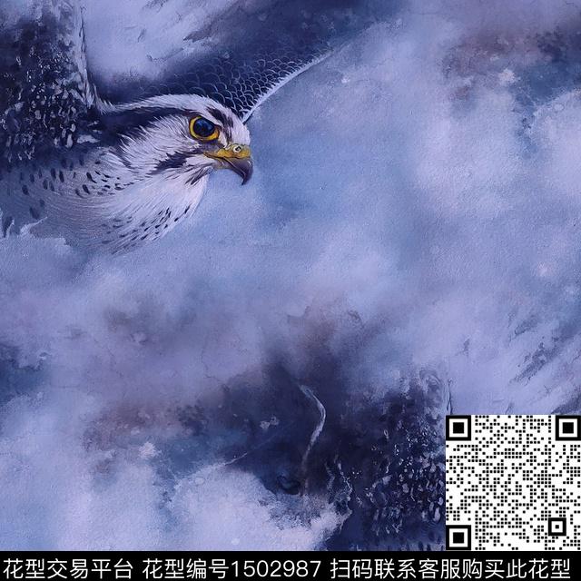 蓝色水彩雄鹰数码印花华亿平台下载（图片编号: 1502987） - 瓦栏（Walan）