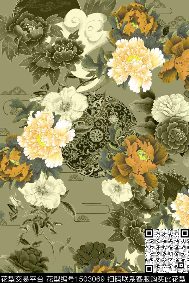 花卉香云纱中国风数码印花华亿平台下载（图片编号: 1503069） - 瓦栏（Walan）