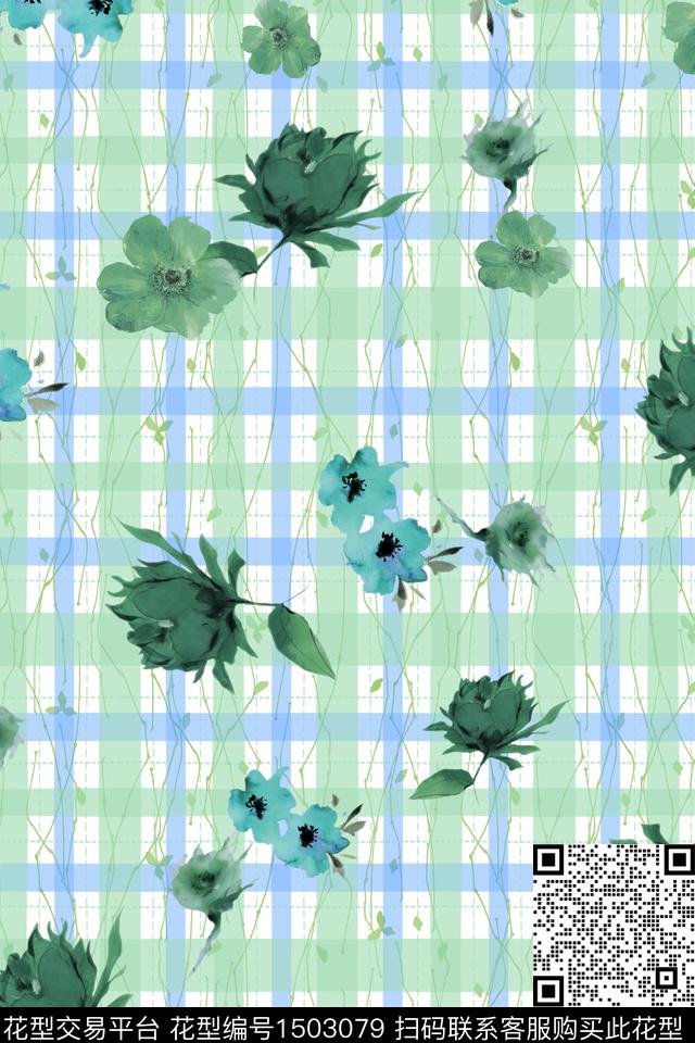 格子花卉小清新数码印花华亿平台下载（图片编号: 1503079） - 瓦栏（Walan）