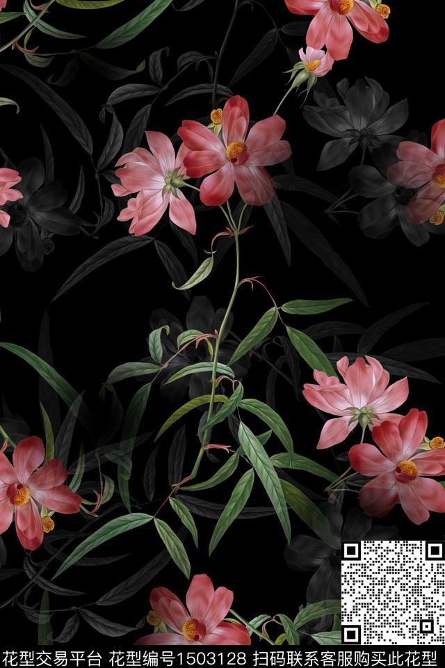 黑底花卉花卉大牌风数码印花华亿平台下载（图片编号: 1503128） - 瓦栏（Walan）