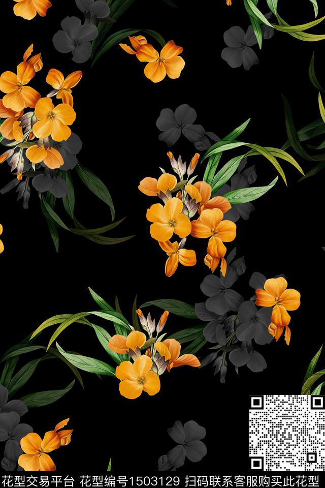 黑底花卉花卉大牌风数码印花华亿平台下载（图片编号: 1503129） - 瓦栏（Walan）