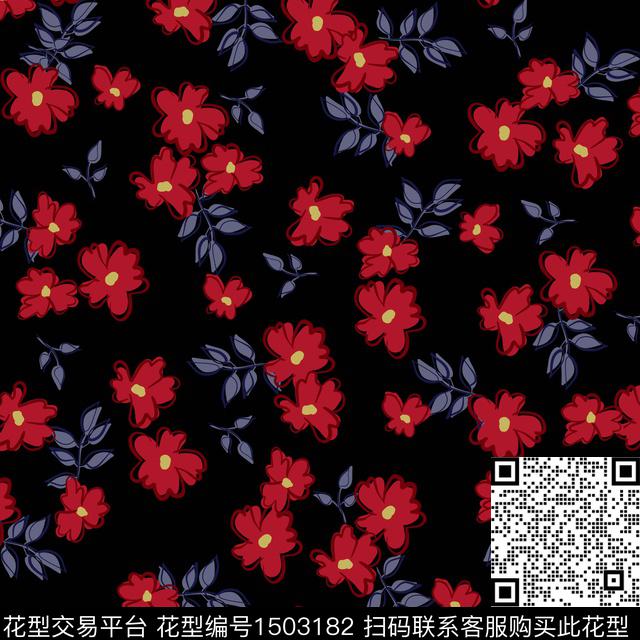 黑底花卉手绘花卉彩底印花数码印花华亿平台下载（图片编号: 1503182） - 瓦栏（Walan）