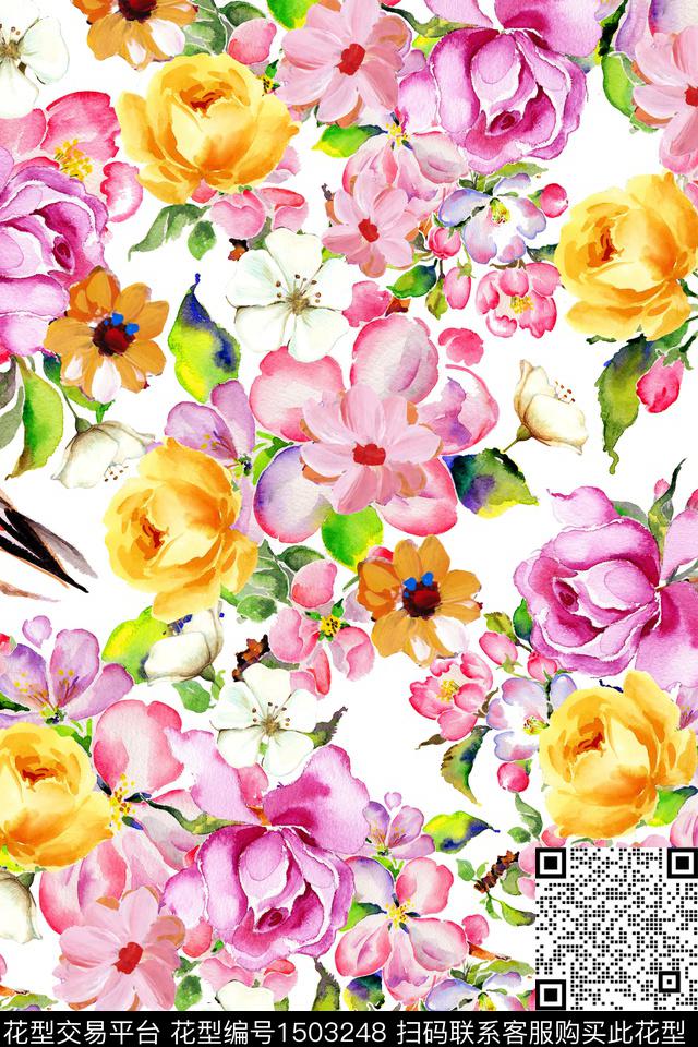 花鸟清爽底花卉年轻女性数码印花华亿平台下载（图片编号: 1503248） - 瓦栏（Walan）