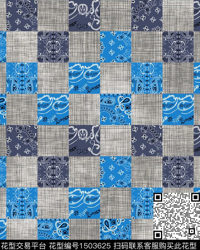 格子牛仔男装满版花数码印花华亿平台下载（图片编号: 1503625） - 瓦栏（Walan）