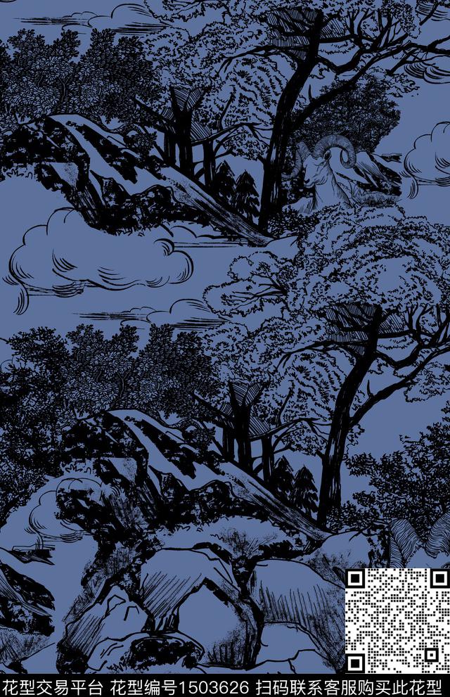 国画树林男装满版花传统印花华亿平台下载（图片编号: 1503626） - 瓦栏（Walan）