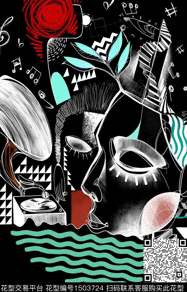 线条画趣味人物数码印花华亿平台下载（图片编号: 1503724） - 瓦栏（Walan）