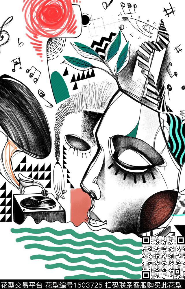 线条画趣味人物数码印花华亿平台下载（图片编号: 1503725） - 瓦栏（Walan）