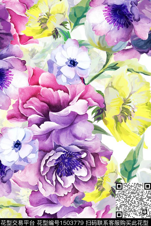 花卉大花满版散花数码印花华亿平台下载（图片编号: 1503779） - 瓦栏（Walan）