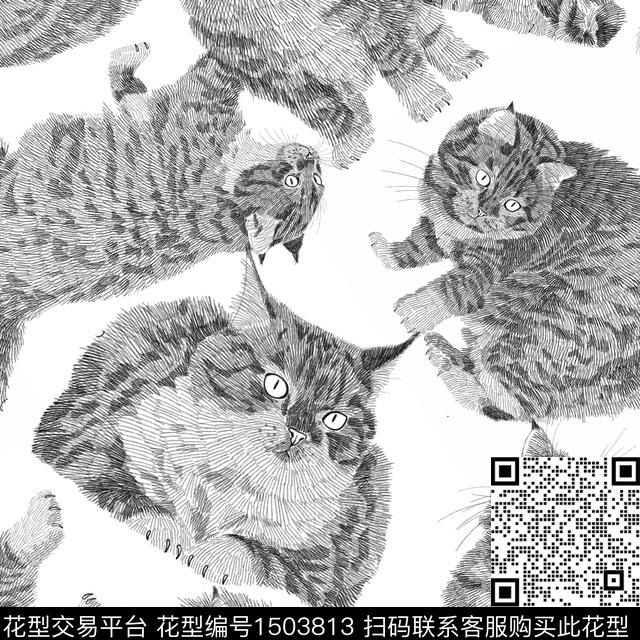 线条趣味猫数码印花华亿平台下载（图片编号: 1503813） - 瓦栏（Walan）