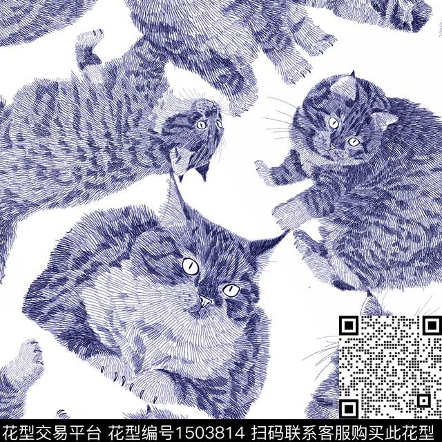 线条趣味猫数码印花华亿平台下载（图片编号: 1503814） - 瓦栏（Walan）