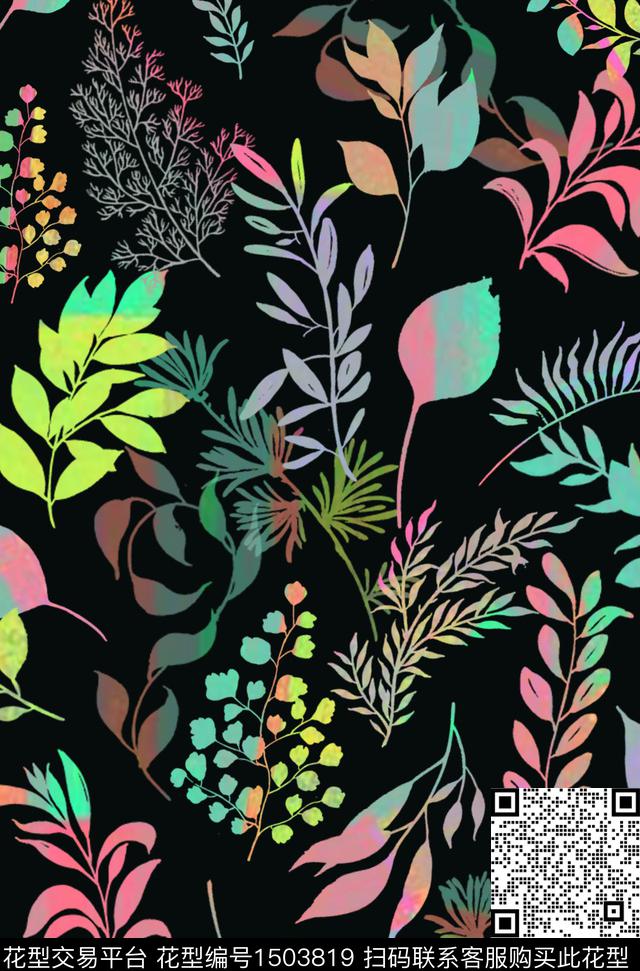 黑底花卉民族风花卉数码印花华亿平台下载（图片编号: 1503819） - 瓦栏（Walan）