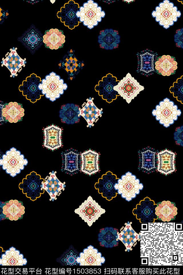 黑底花卉格子几何数码印花华亿平台下载（图片编号: 1503853） - 瓦栏（Walan）