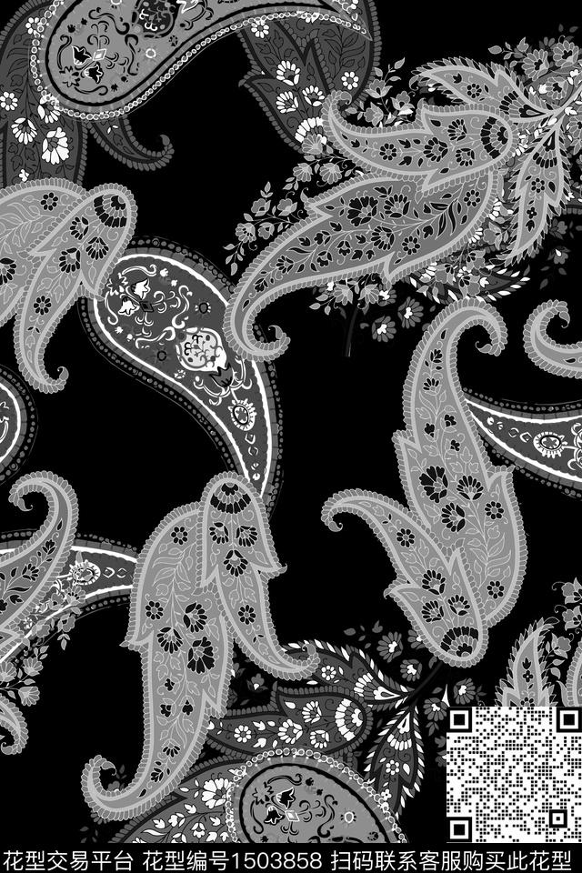 黑底花卉民族风佩斯利数码印花华亿平台下载（图片编号: 1503858） - 瓦栏（Walan）
