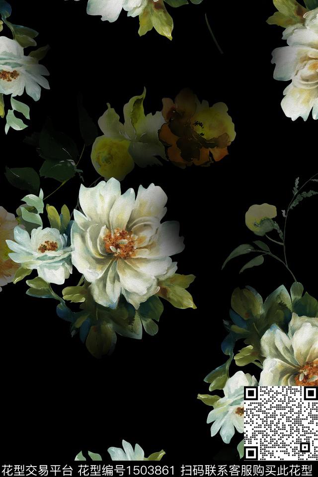 黑底花卉花卉大牌风数码印花华亿平台下载（图片编号: 1503861） - 瓦栏（Walan）