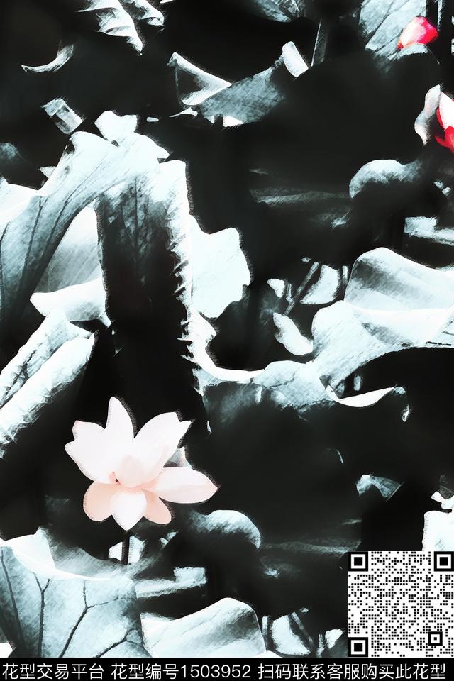 荷花水墨风花卉数码印花华亿平台下载（图片编号: 1503952） - 瓦栏（Walan）
