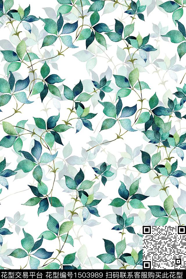 小清新真丝绿植树叶数码印花华亿平台下载（图片编号: 1503989） - 瓦栏（Walan）