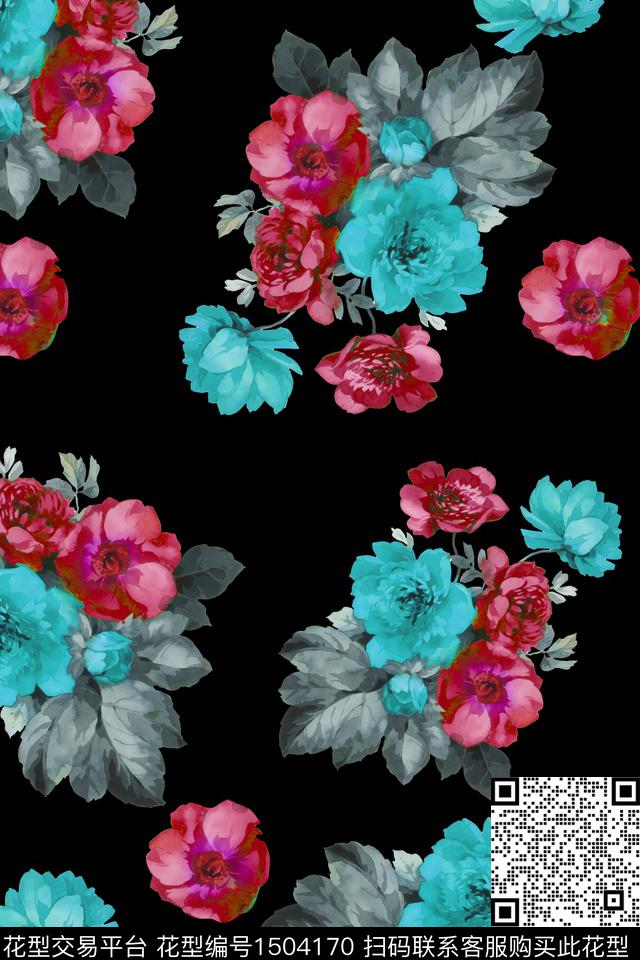水彩黑底花卉绿植树叶数码印花华亿平台下载（图片编号: 1504170） - 瓦栏（Walan）