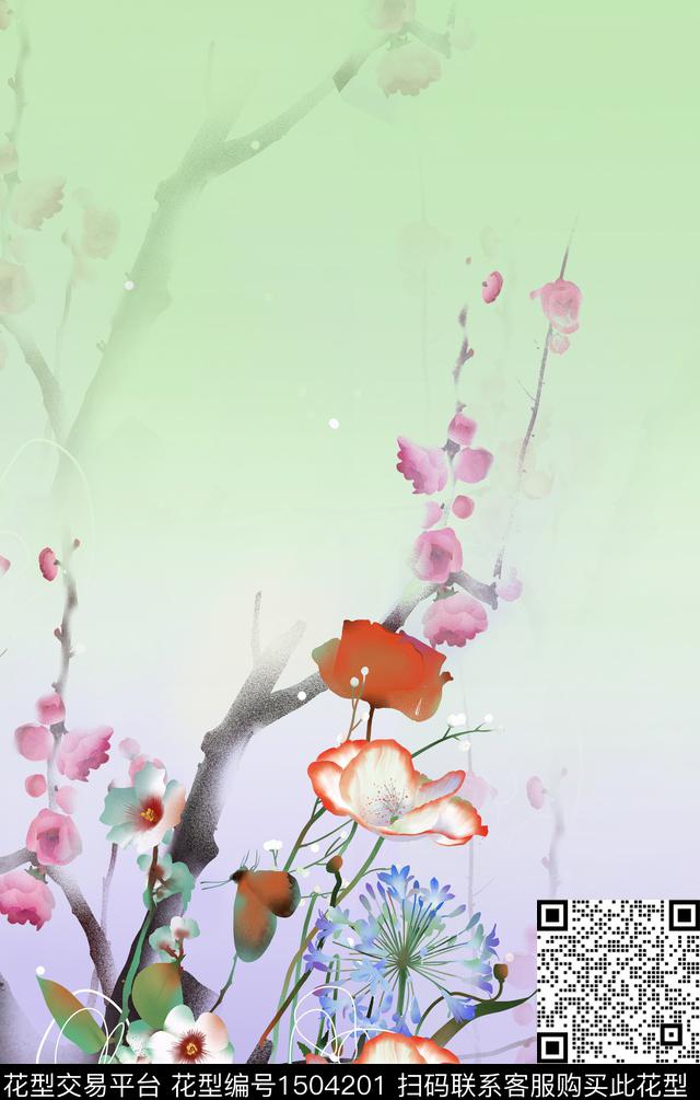 梅花彩底花卉中国风定位花数码印花华亿平台下载（图片编号: 1504201） - 瓦栏（Walan）