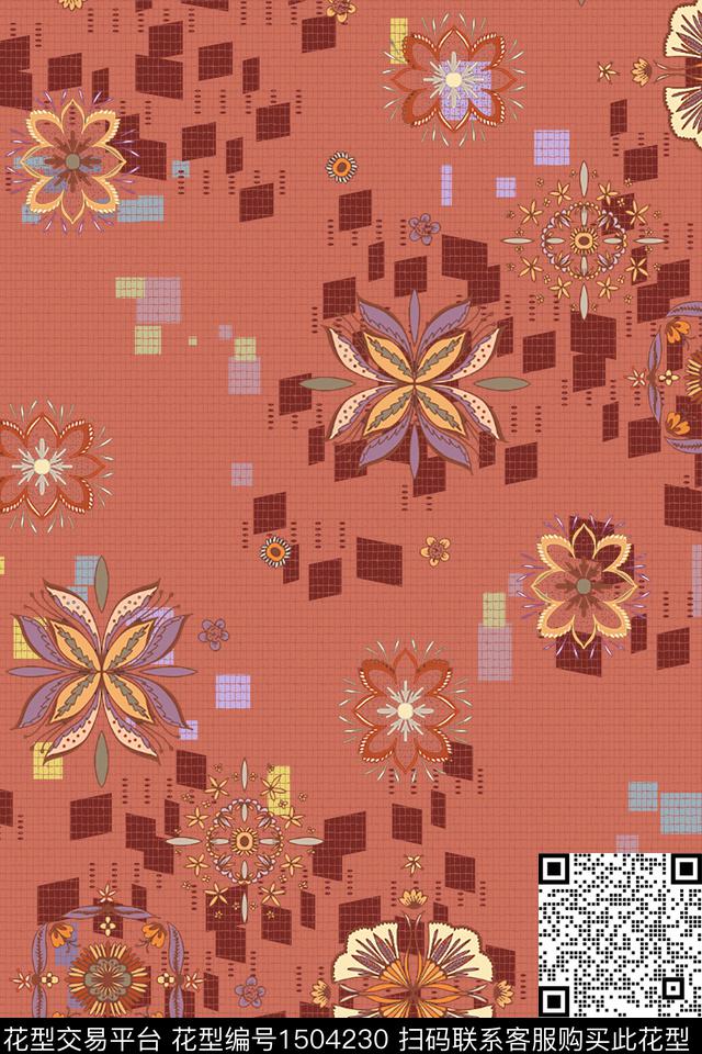 几何格子大牌风数码印花华亿平台下载（图片编号: 1504230） - 瓦栏（Walan）