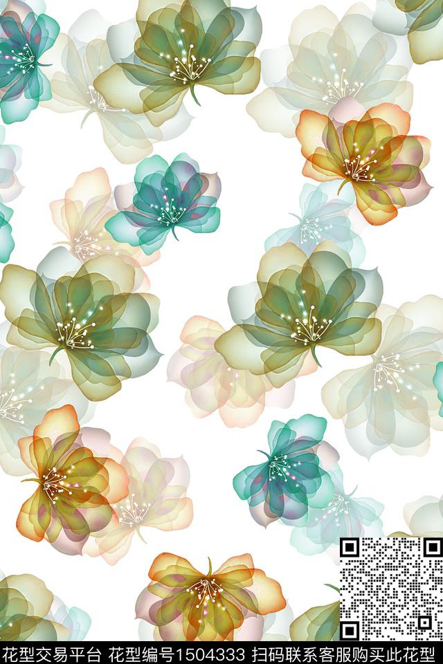 花卉小清新真丝数码印花华亿平台下载（图片编号: 1504333） - 瓦栏（Walan）