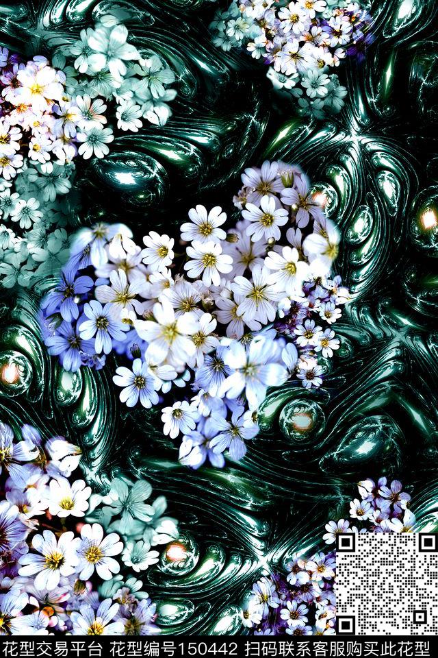 小花墨绿摄影写实数码印花华亿平台下载（图片编号: 150442） - 瓦栏（Walan）