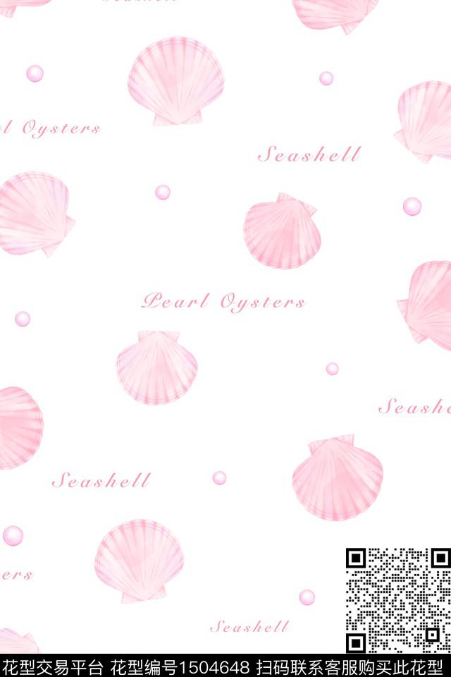 字母贝壳白底花数码印花华亿平台下载（图片编号: 1504648） - 瓦栏（Walan）
