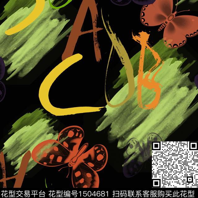 字母笔触蝴蝶数码印花华亿平台下载（图片编号: 1504681） - 瓦栏（Walan）