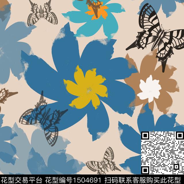 笔触小碎花蝴蝶数码印花华亿平台下载（图片编号: 1504691） - 瓦栏（Walan）