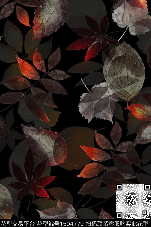 黑底花卉绿植树叶民族风数码印花华亿平台下载（图片编号: 1504779） - 瓦栏（Walan）