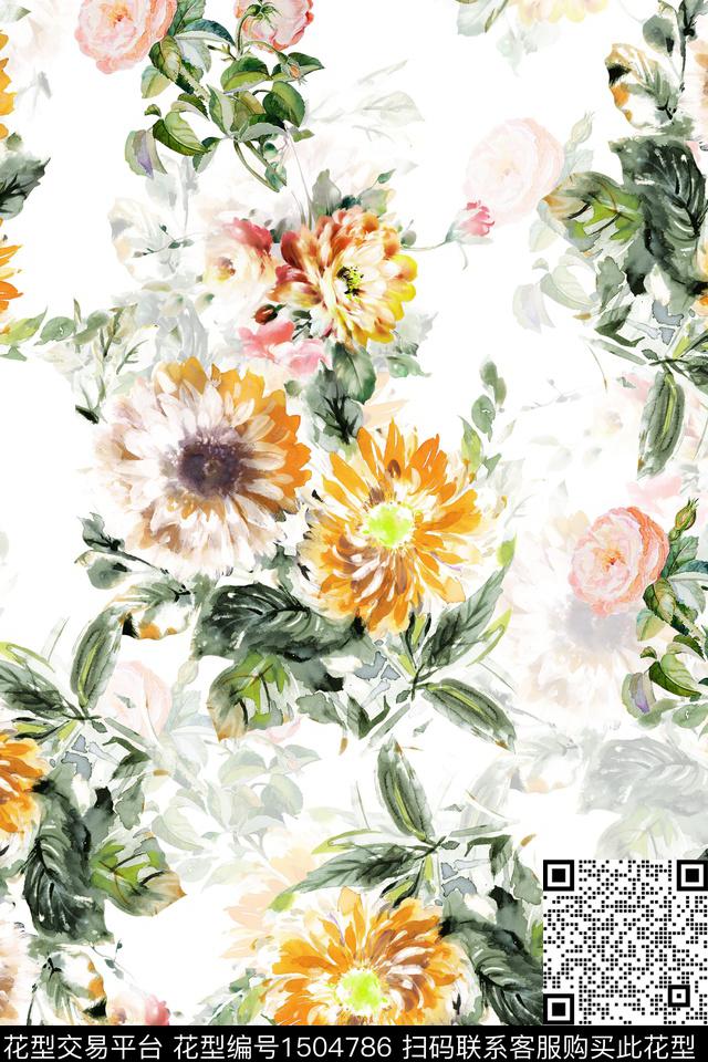 花卉小清新真丝数码印花华亿平台下载（图片编号: 1504786） - 瓦栏（Walan）