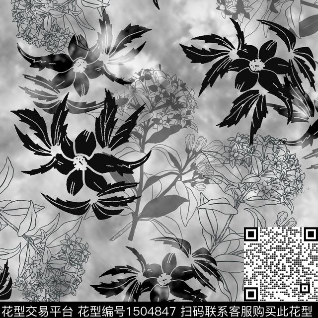 黑白华亿平台花卉矢量数码印花华亿平台下载（图片编号: 1504847） - 瓦栏（Walan）