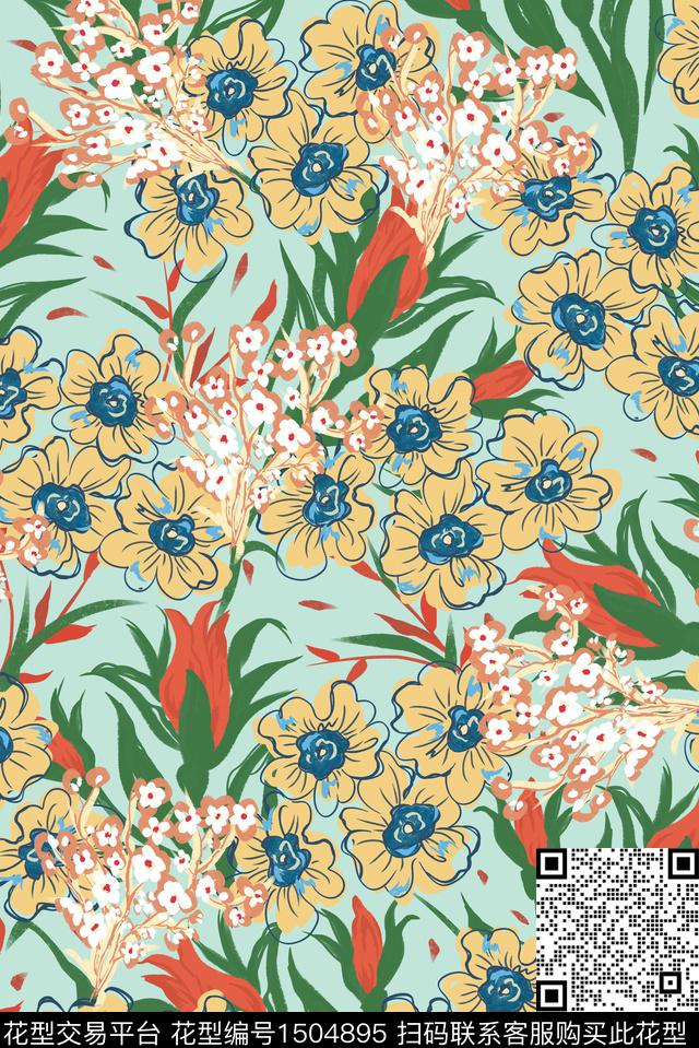 花卉手绘花卉年轻女性数码印花华亿平台下载（图片编号: 1504895） - 瓦栏（Walan）