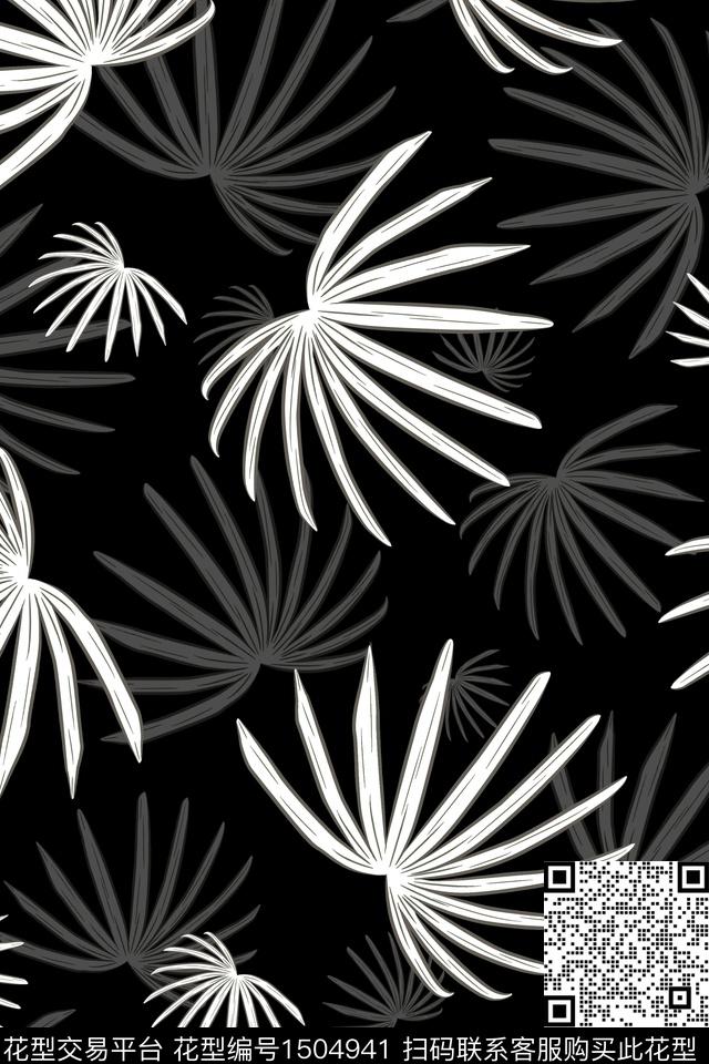 绿植树叶黑底花卉黑白华亿平台传统印花华亿平台下载（图片编号: 1504941） - 瓦栏（Walan）