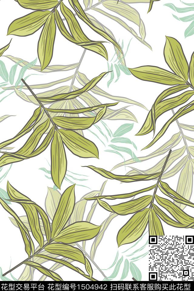 绿植树叶简约雪纺数码印花华亿平台下载（图片编号: 1504942） - 瓦栏（Walan）