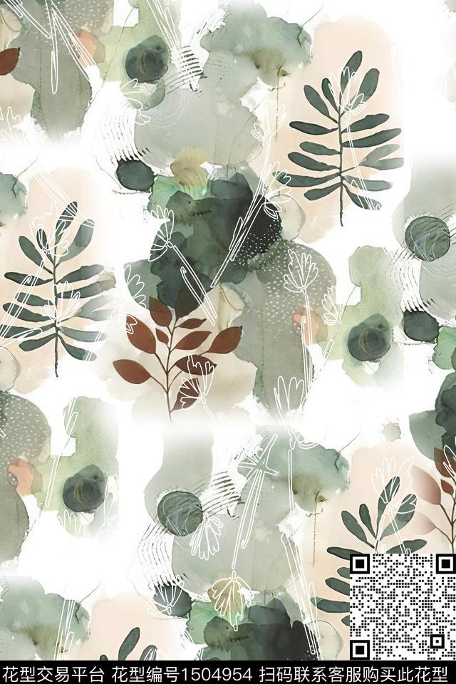 小清新真丝绿植树叶数码印花华亿平台下载（图片编号: 1504954） - 瓦栏（Walan）