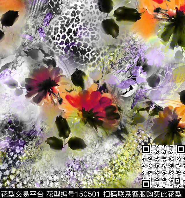 花卉豹纹穿插数码印花华亿平台下载（图片编号: 150501） - 瓦栏（Walan）
