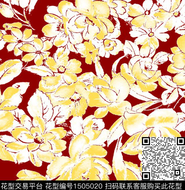 花卉大牌风写意花数码印花华亿平台下载（图片编号: 1505020） - 瓦栏（Walan）